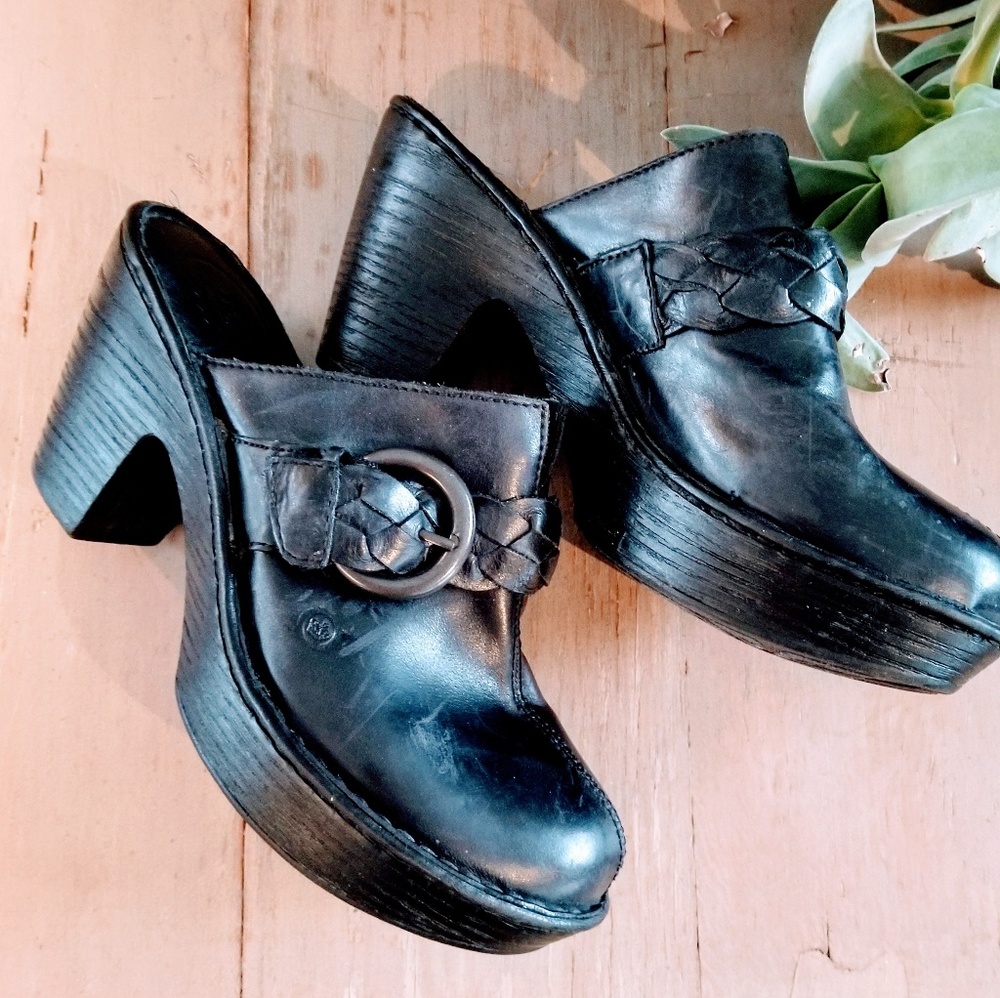 Born Black Leather platform clogs